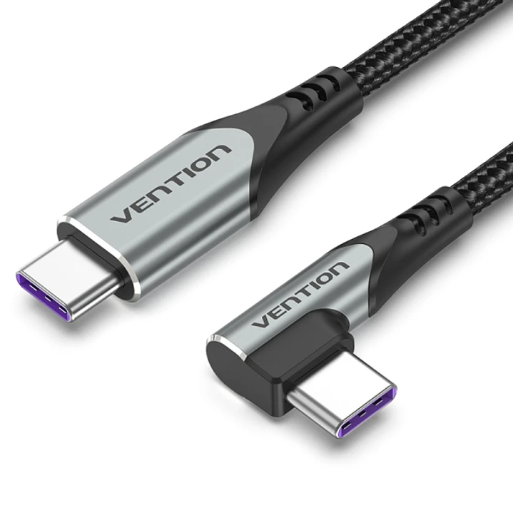 Vention Cable USB-C Acodado - 100W Power Delivery - Longitud 2m - Transferencias hasta 480Mbps - Recubrimiento de Nailon Trenzado - Color Gris 1