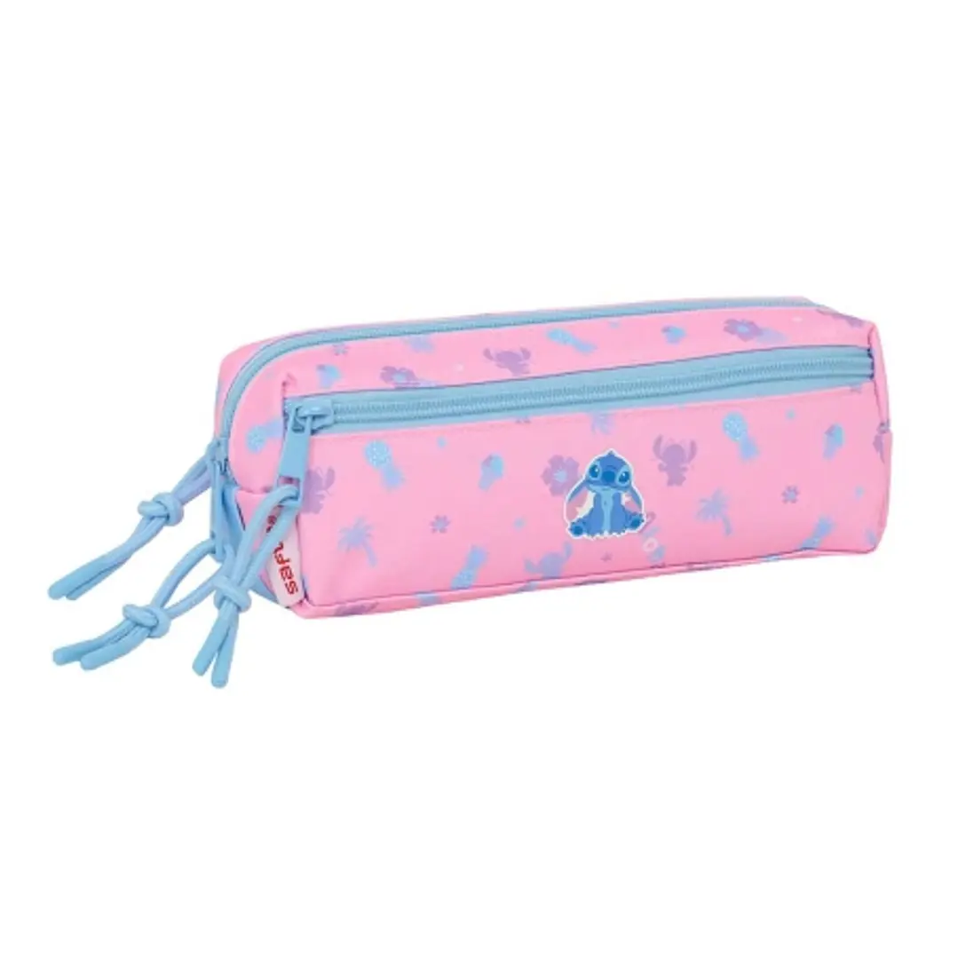 Safta Stitch Bright Portatodo - 3 Compartimentos con Cremalleras - Goma Elastica - 0.98L - 220x60x85mm - Color Rosa 1