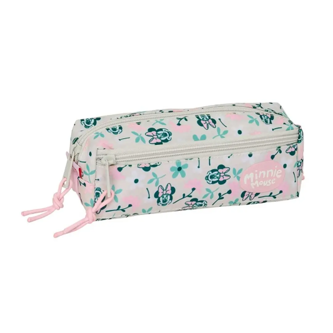 Safta Minnie Mouse Minty Portatodo - 3 Compartimentos con Cremalleras - Goma Elastica - 0.98L - 220x60x85mm - Color Rosa Pastel 1