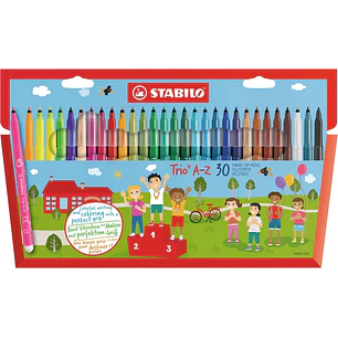 Stabilo Trio A-Z Pack con 30 Rotuladores de Punta Fina de Fibra - Trazo 0.7mm - Tinta Lavable - Zona de Agarre Triangular - Colores Surtidos
