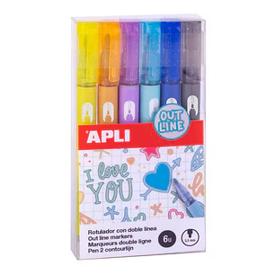 Apli Rotuladores Doble Linea - 5.5mm - Base de Alcohol - Pack 6 Colores - Escritura Interior Plata con Contorno de Color - Ideal para Decoracion - 4g 