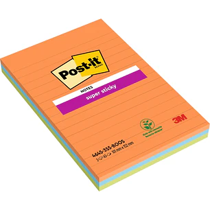 Post-It Super Sticky Pack de 3 Blocs de 45 Notas Adhesivas Reposicionables - Forma Rectangular - 101x152mm - Colores Surtidos