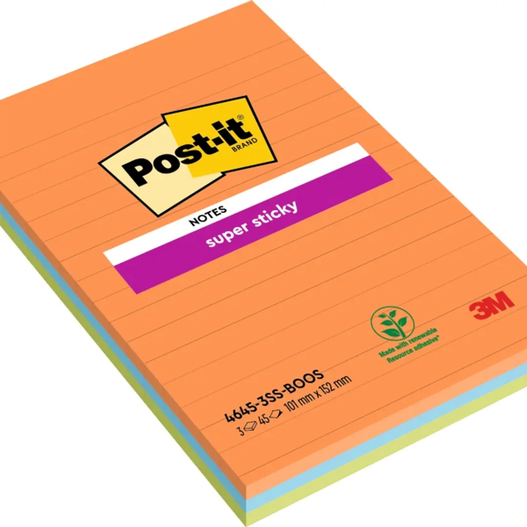 Post-It Super Sticky Pack de 3 Blocs de 45 Notas Adhesivas Reposicionables - Forma Rectangular - 101x152mm - Colores Surtidos 1