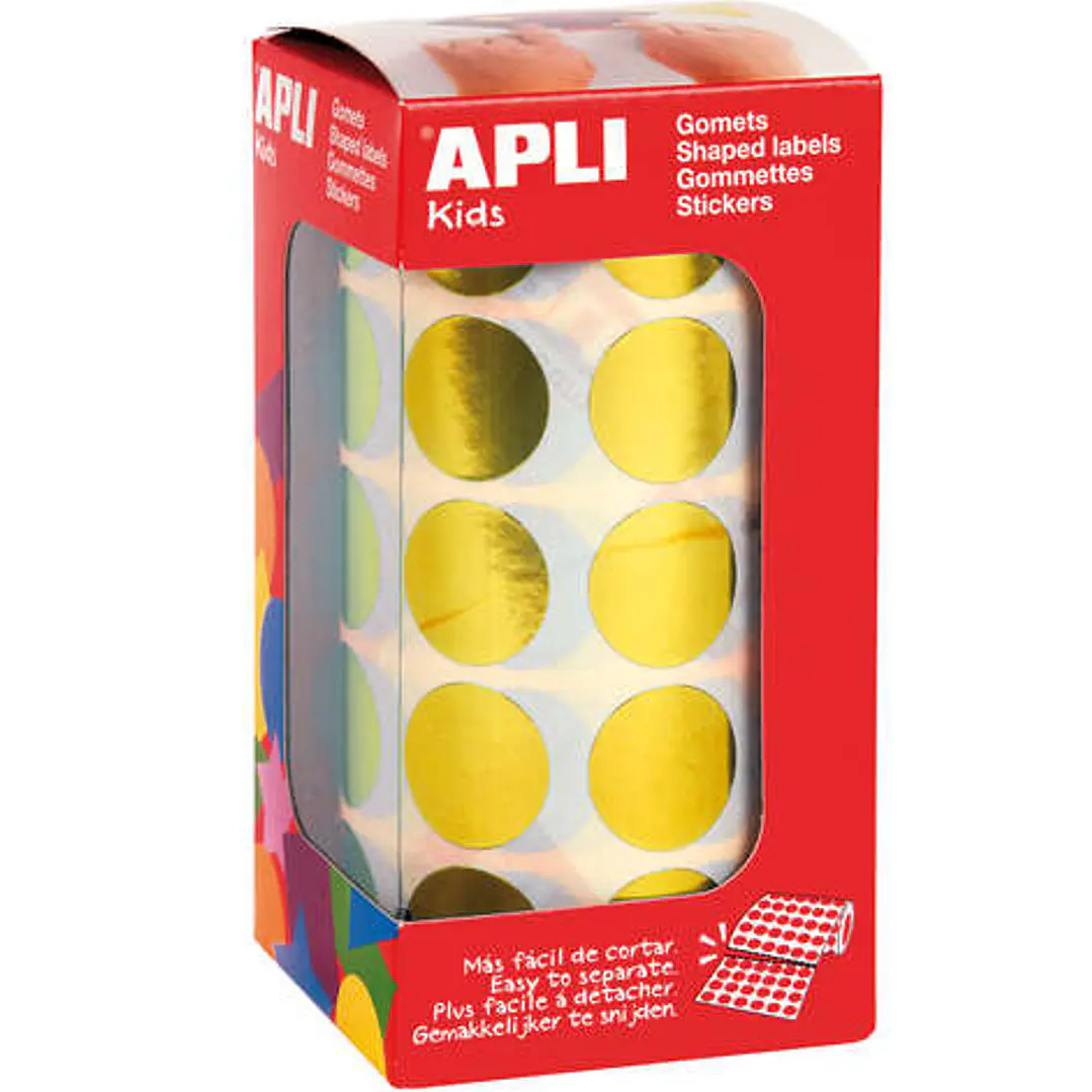 Apli Gomets Redondos Amarillo Metalizado Ø 20mm - 59 Hojas Pretroqueladas - 1770 Gomets por Rollo - Adhesivo Base Agua - Normas EN-71 y Cadena de Cust 1