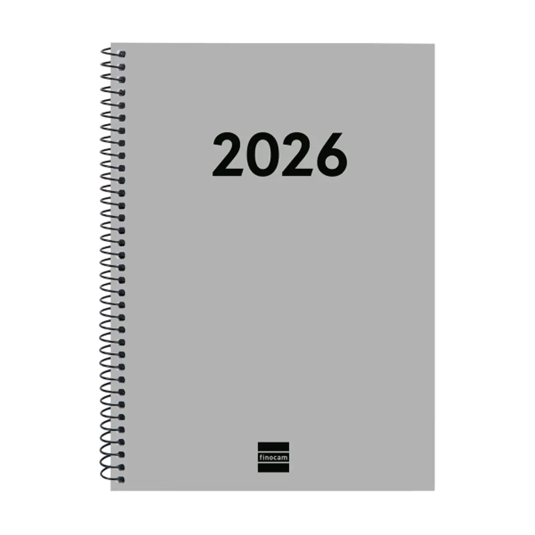 Finocam Espiral Recambio Anual 2026 para Agendas Duo - Anual 2026 - Formato E10 - 162x14x212mm - Semana Vista Horizontal - Color Gris Claro 1