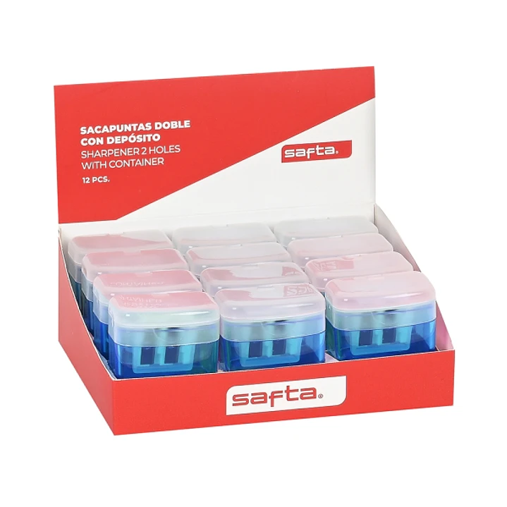 Safta Expositor con 12 Sacapuntas Doble con Deposito - Cuchilla de Acero Duradera - Agarre Ergonomico - Deposito para Virutas - Colores Surtidos 1