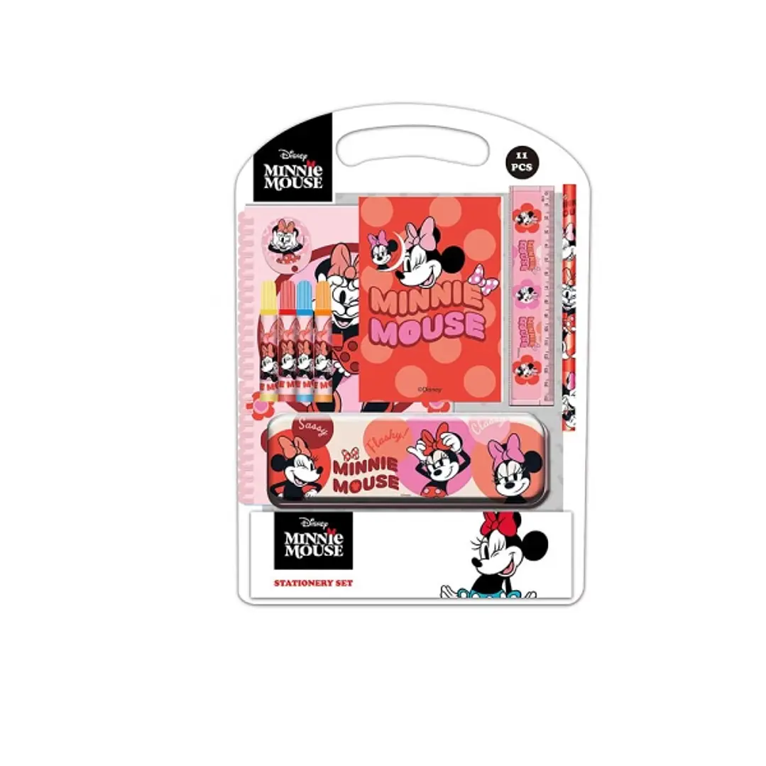 Safta Minnie Mouse Naive Pack Escolar con Plumier Metalico - Lapiz - 4 Rotuladores - Regla 15cm - Sacapuntas - Goma - Libreta A4 - Bloc de Notas A6 -  1