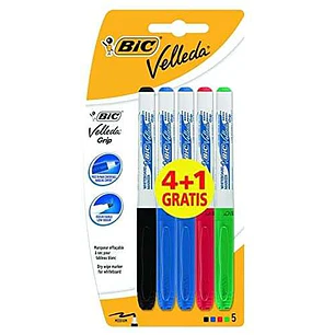 Bic Velleda Grip 4+1 Pack de 5 Rotuladores para Pizarra - Zona con Grip - Punta Media - Trazo de 1.2mm - Borrado Optimo - Colores Surtidos