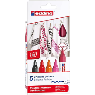 Edding 4500 Colores Calidos Pack de 5 Rotuladores Permanentes para Textil - Punta Redonda - Trazo 2-3mm - Olor Neutro - Secado Rapido - Colores Negro,