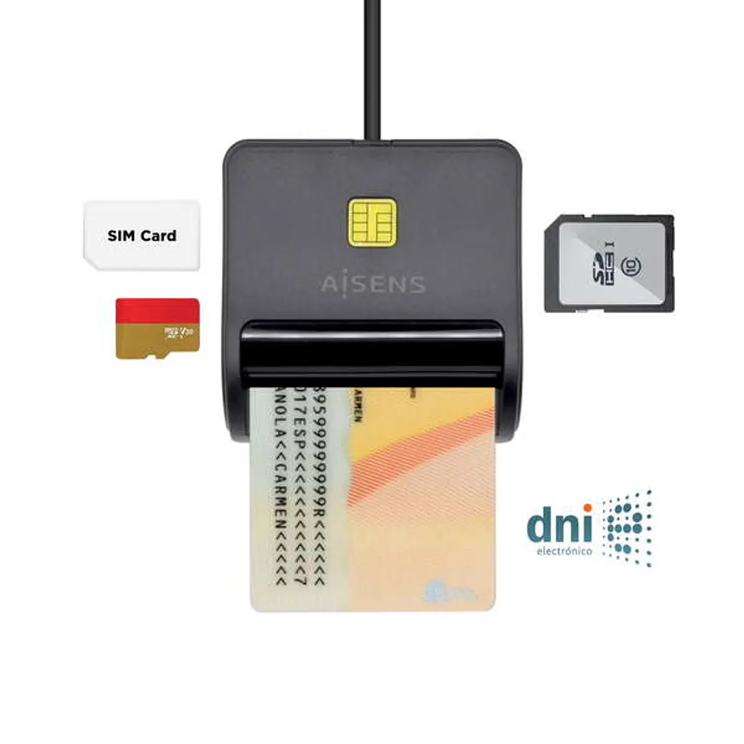 Aisens Lector de Tarjeta Inteligente DNI con Lector de Tarjetas SIM - SD - Micro SD - MMC - RS-MMC - MMC Micro - Color Negro 1