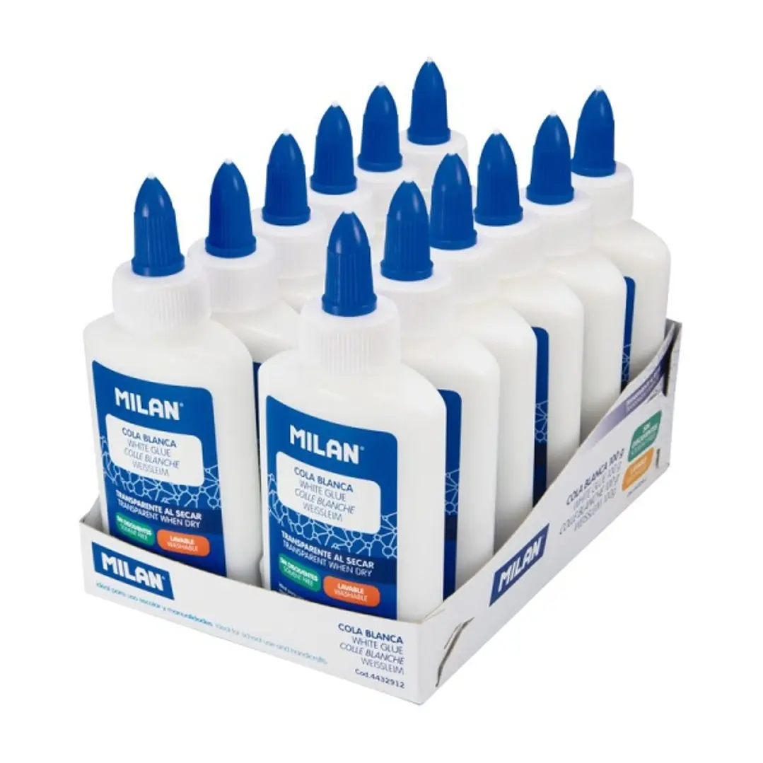 Milan Expositor con 12 Botes de Cola Blanca 100gr - Lavable y sin Disolventes - Ideal para Uso Escolar y Manualidades - Transparente al Secarse 1
