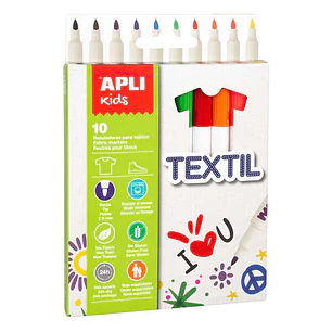 Apli Kids Pack de 10 Rotuladores para Textil - Punta Redonda Bloqueada Ø 2.9mm - Capuchon Anti Asfixia - No Toxicos - Larga Duracion - Ideal para todo