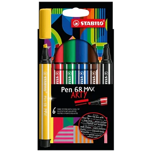 Stabilo Pen 68 MAX Arty Pack de 6 Rotuladores - Punta de Fibra Biselada - Trazo entre 1-5mm aprox. - Tinta a Base de Agua - Colores Surtidos