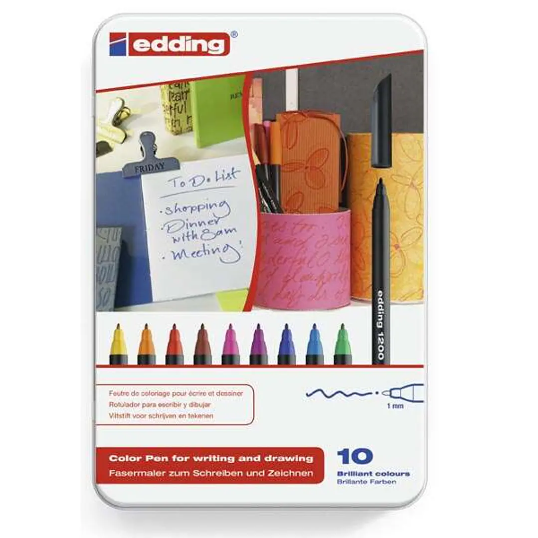 Edding 1200 Caja Metalica con 10 Rotuladores - Punta Redonda - Trazo 1mm - Tinta con Base de Agua 1