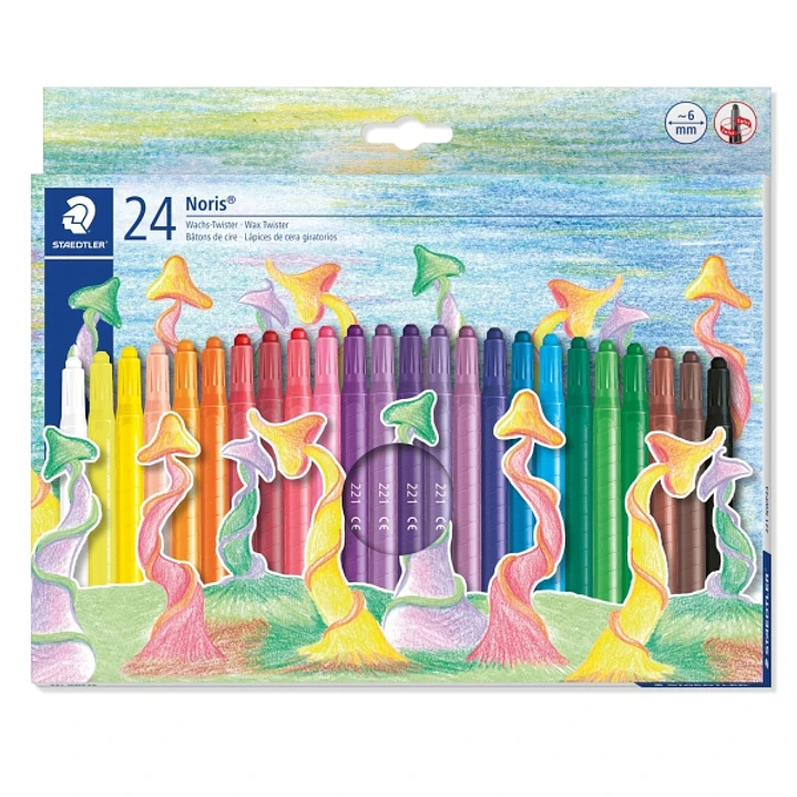 Staedtler Noris 221 Pack de 24 Ceras Giratorias - Diametro 6mm - Resistencia a la Rotura - Colorantes Alimenticios - Colores Surtidos 1