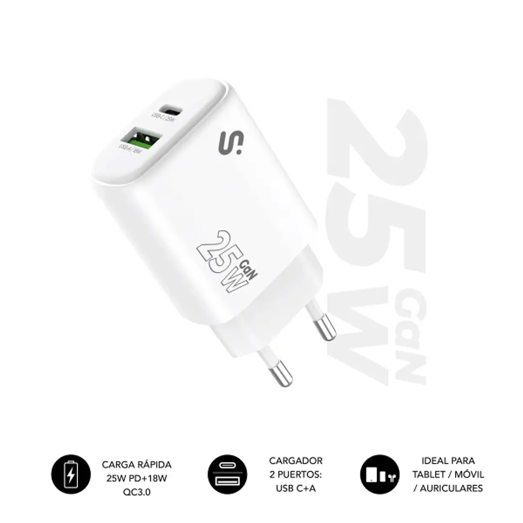 Subblim Cargador de Pared GaN 25W - USB-C + USB-A -  Carga rápida - Color Blanco 1