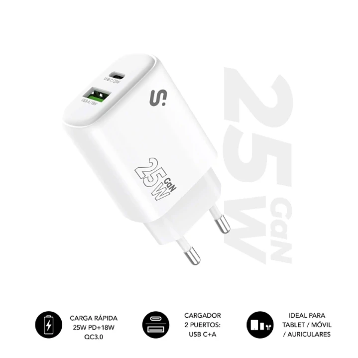 Subblim Cargador de Pared GaN 25W - USB-C + USB-A -  Carga rápida - Color Blanco 1