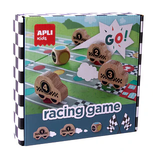 Apli Racing Game Juego de Mesa - Tablero Despegable - 4 Piezas de Madera con Forma de Coche - Dado de Colores - Enseña a Respetar las Reglas - Colorid