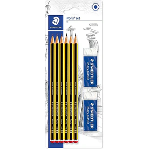 Staedtler Noris 120 Pack de 6 Lapices de Grafito Hexagonales 2HB + 2 Gomas de Borrar Mars Plastic - Madera de Bosques Sostenibles