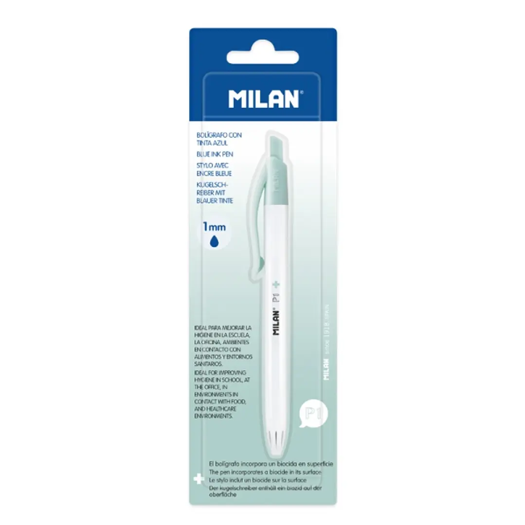 Milan P1 + Blister con 1 Boligrafo de Bola Retractil - Tinta Azul - Punta Redonda 1mm - Superficie Antibacteriana - Color Blanco 1