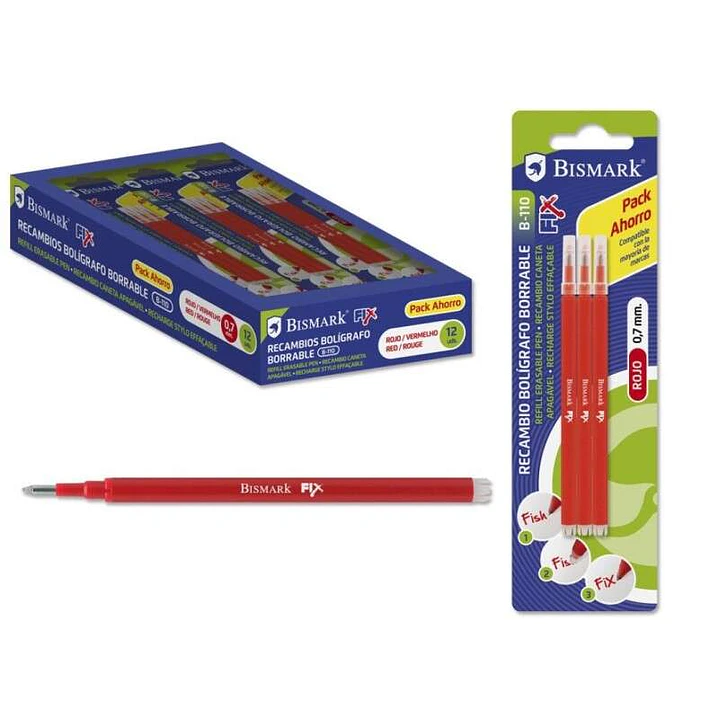 Bismark Fix Pack de 3 Recambios para Boligrafo Borrable - Punta Fina 0.7mm - Color Rojo 1