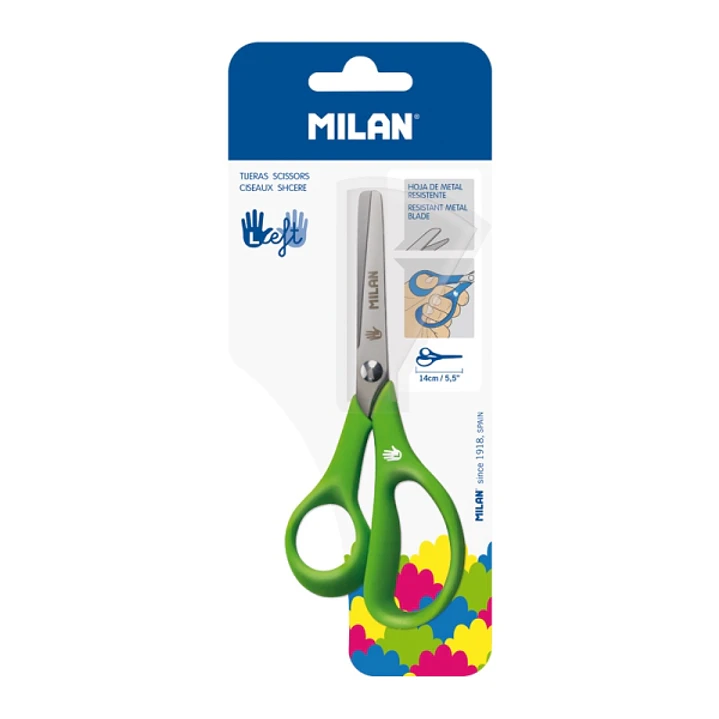 Milan Tijeras para Zurdos Verdes - Mango Ergonomico - Punta Redondeada - Acero Inoxidable de 14cm - Color Verde 1