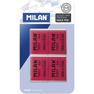 Milan Nata 624 Pack de 4 Gomas de Borrar Rectangulares - Plastico - Suave - No Abrasiva - Color Rojo/Blanco