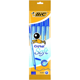 Bic Cristal Soft Pack de 4 Boligrafos de Bola - Punta Media de 1.2mm - Trazo 0.45mm - Escritura mas Fluida - Color Azul
