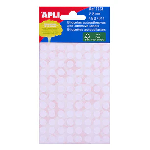 Apli Minibolsa de 480 Etiquetas Redondas Ø 8.0mm - 5 Hojas por 96 Etiquetas - Adhesivo Permanente - Color Blanco