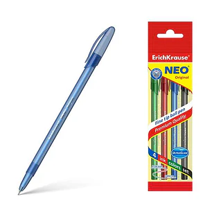 Erichkrause Pack de 4 Boligrafos Neo Original - Punta de Aguja Sofisticada Fine Tip - Cuerpo Redondo Translucido Mate - Tinta en Colores Azul, Negro, 