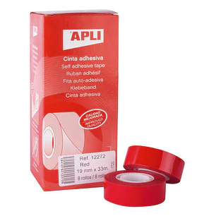 Apli Cinta Adhesiva Roja 19mm x 33m - Resistente al Desgarro - Facil de Cortar - Ideal para Manualidades y Embalaje - Rojo