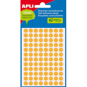 Apli Minibolsa de 288 Etiquetas Redondas Ø 8mm - 3 Hojas por 96 Etiquetas - Adhesivo Permanente - Color Naranja Fluor