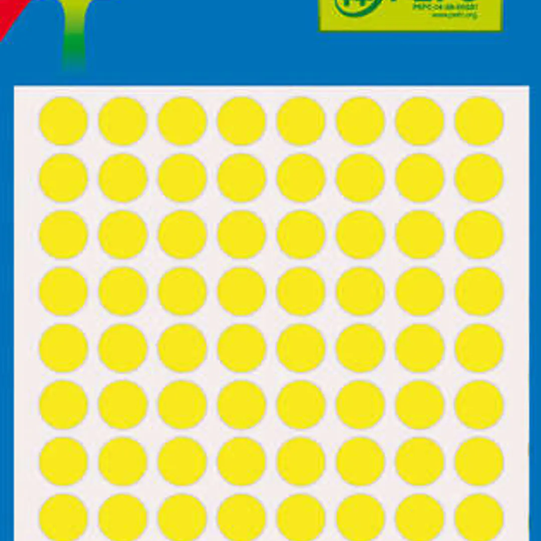Apli Minibolsa de 288 Etiquetas Redondas Ø 8mm - 3 Hojas por 96 Etiquetas - Adhesivo Permanente - Color Amarillo Fluor 1
