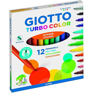Giotto Turbo Color Pack de 12 Rotuladores - Punta Fina 2.8 mm. - Tinta al Agua - Lavable - Colores Surtidos