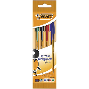 Bic Cristal Original Fine Pack de 4 Boligrafos de Bola - Punta Redonda de 0.8mm - Trazo de 0.30mm - Tinta con Base de Aceite - Translucido - Colores S