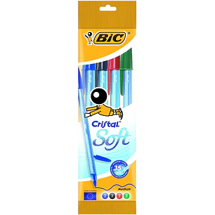 Bic Cristal Soft Pack de 4 Boligrafos de Bola - Punta Media de 1.2mm - Trazo 0.45mm - Escritura mas Fluida - Colores Surtidos