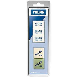 Milan Pack de 5 Gomas de Borrar + 3x Gomas 648 Nata Rectangulares + 2x Gomas 430 Cuadradas - Colores Surtidos