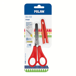Milan Tijeras con Funda - Regla Integrada de 5cm - Punta Redondeada - Acero Inoxidable de 14.7cm - Color Rojo