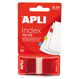 Apli Indices Adhesivos Film Zigzag 45x25mm Dispensador de 50 - Faciles de Aplicar - Diseño Zigzag - Rojos