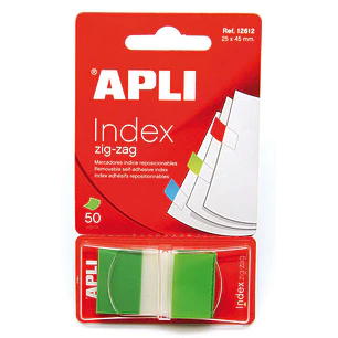 Apli Indices Adhesivos Film Zigzag 45x25mm - Dispensador de 50 Indices - Adhesivo de Calidad - Facil de Despegar - Diseño Zigzag - Verdes