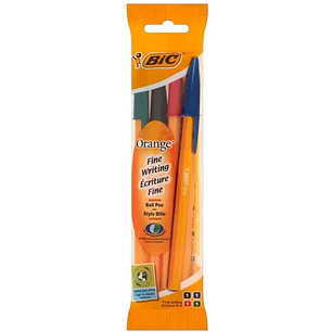 Bic Orange Original Fine Pack de 4 Boligrafos de Bola - Punta Redonda de 0.8mm - Trazo de 0.3mm - Tinta con Base de Aceite - Cuerpo Naranja - Colores 