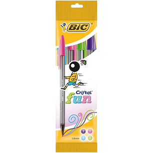 Bic Cristal Fun Pack de 4 Boligrafos de Bola - Punta Redonda de 1.6mm - Trazo 0.42mm - Tinta con Base de Aceite - Colores Surtidos