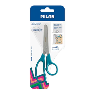 Milan Basic Blister de Tijeras Escolares Basic Verde Azulado - Mango Ergonomico - Punta Redondeada - Acero Inoxidable de 13.4cm - Color Verde