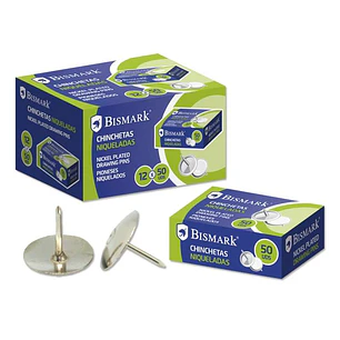 Bismark Caja de 50 Chinchetas Niqueladas - Planas - Resistencia Alta - Acabado Brillante - Color Plata