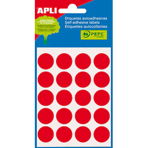 Apli Minibolsa de 100 Etiquetas Redondas Ø 19mm - 5 Hojas por 20 Etiquetas - Adhesivo Permanente - Aptas para Escritura con Lapiz, Boligrafo y Rotulad