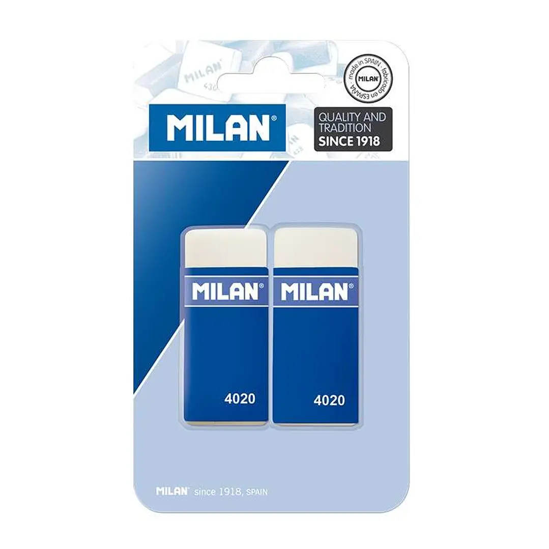 Milan 4020 Pack de 2 Gomas de Borrar Rectangulares - Miga de Pan - Suave Caucho Sintetico - Faja de Carton Azul - Color Blanco 1
