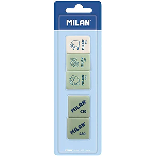Milan Pack de 5 Gomas de Borrar, 3xGomas 445 Nata Rectangulares + 2xGomas 430 Cuadradas - Miga de pan - Caucho Suave Sintetico - Colores Surtidos