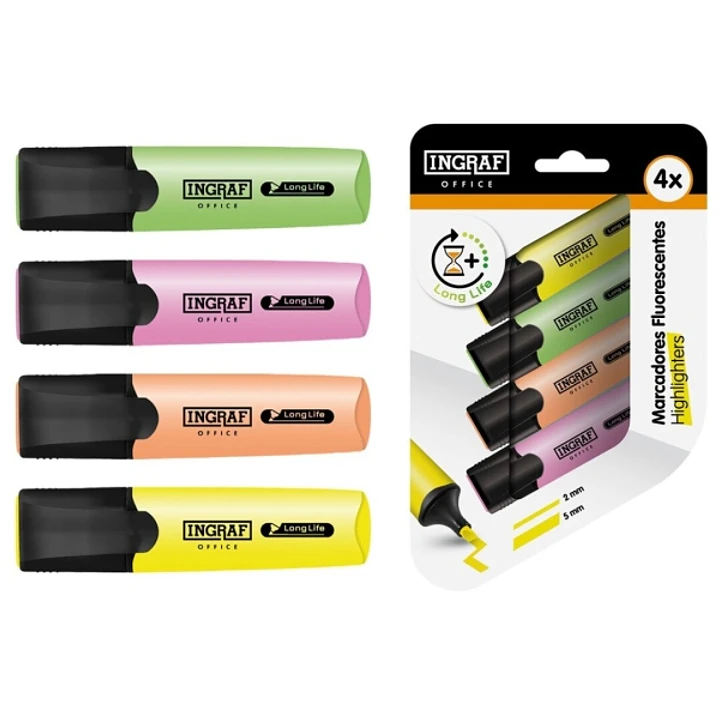 Ingraf Long-Life Pack con 4 Marcadores Fluorescentes - Punta Biselada - Trazo 2-5mm - Tinta Base de Agua - Colores Surtidos 1