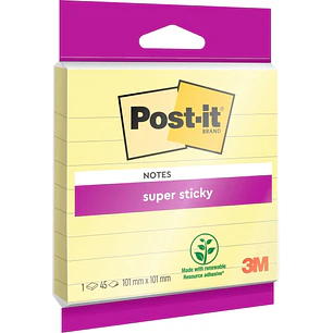 Post-It Super Sticky Bloc de 45 Notas Adhesivas Reposicionables con Renglones - Forma Cuadrada - 101x101mm - Color Amarillo Claro