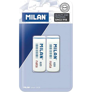 Milan Nata 620 Pack de 2 Gomas de Borrar Biseladas - Plastico - Suave - No Abrasiva - Color Blanco